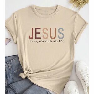Beige Tee with Multicolor 'JESUS' Design